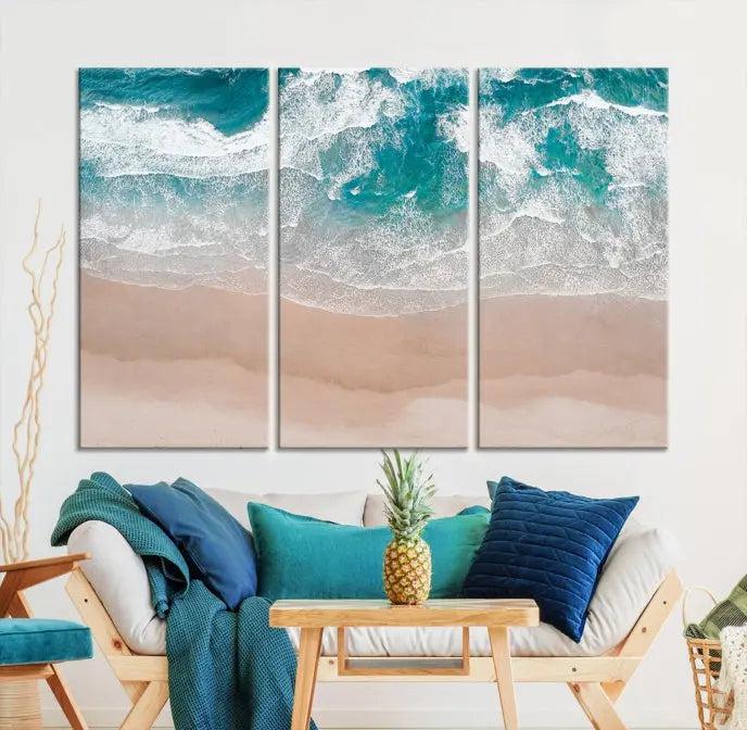 The Blue Sea and Beach Wall Art Canvas Print is a triptych artwork crafted on museum-quality canvas. The hand-assembled framed pieces embody elegance and come with the convenience of free shipping.