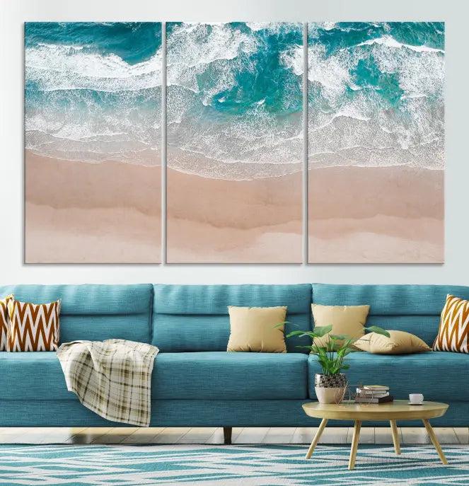 The Blue Sea and Beach Wall Art Canvas Print is a triptych artwork crafted on museum-quality canvas. The hand-assembled framed pieces embody elegance and come with the convenience of free shipping.