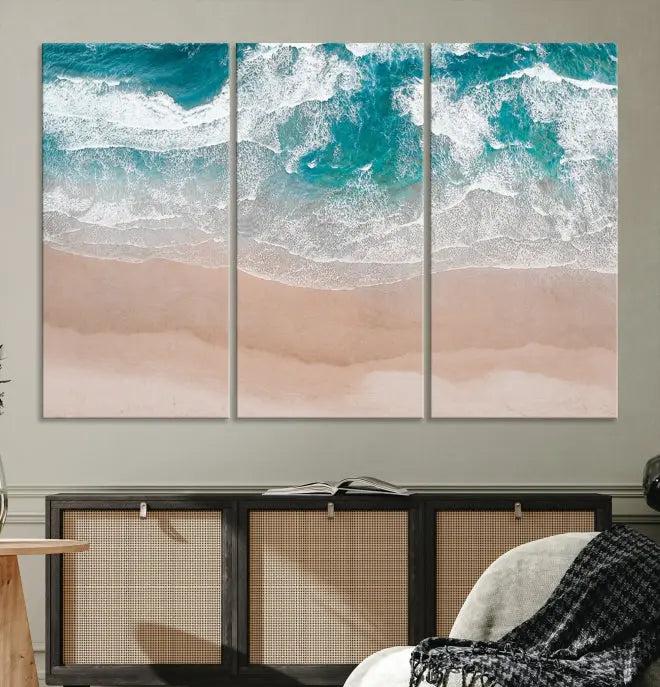 The Blue Sea and Beach Wall Art Canvas Print is a triptych artwork crafted on museum-quality canvas. The hand-assembled framed pieces embody elegance and come with the convenience of free shipping.