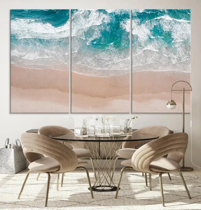 The Blue Sea and Beach Wall Art Canvas Print is a triptych artwork crafted on museum-quality canvas. The hand-assembled framed pieces embody elegance and come with the convenience of free shipping.