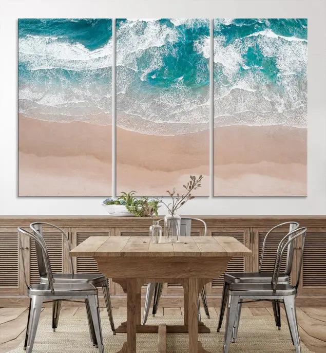 The Blue Sea and Beach Wall Art Canvas Print is a triptych artwork crafted on museum-quality canvas. The hand-assembled framed pieces embody elegance and come with the convenience of free shipping.