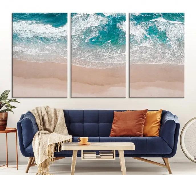 The Blue Sea and Beach Wall Art Canvas Print is a triptych artwork crafted on museum-quality canvas. The hand-assembled framed pieces embody elegance and come with the convenience of free shipping.