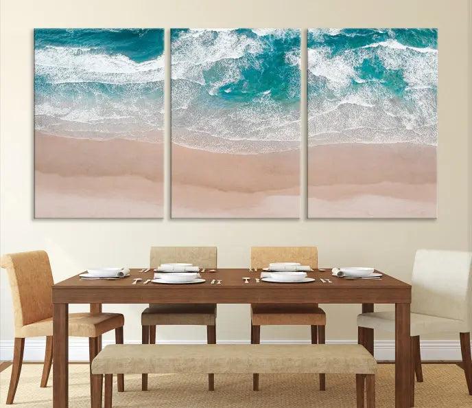 The Blue Sea and Beach Wall Art Canvas Print is a triptych artwork crafted on museum-quality canvas. The hand-assembled framed pieces embody elegance and come with the convenience of free shipping.