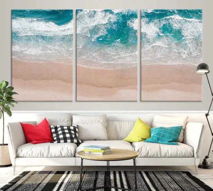 The Blue Sea and Beach Wall Art Canvas Print is a triptych artwork crafted on museum-quality canvas. The hand-assembled framed pieces embody elegance and come with the convenience of free shipping.