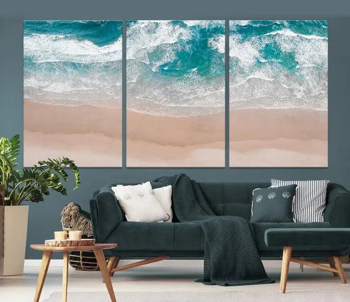 The Blue Sea and Beach Wall Art Canvas Print is a triptych artwork crafted on museum-quality canvas. The hand-assembled framed pieces embody elegance and come with the convenience of free shipping.