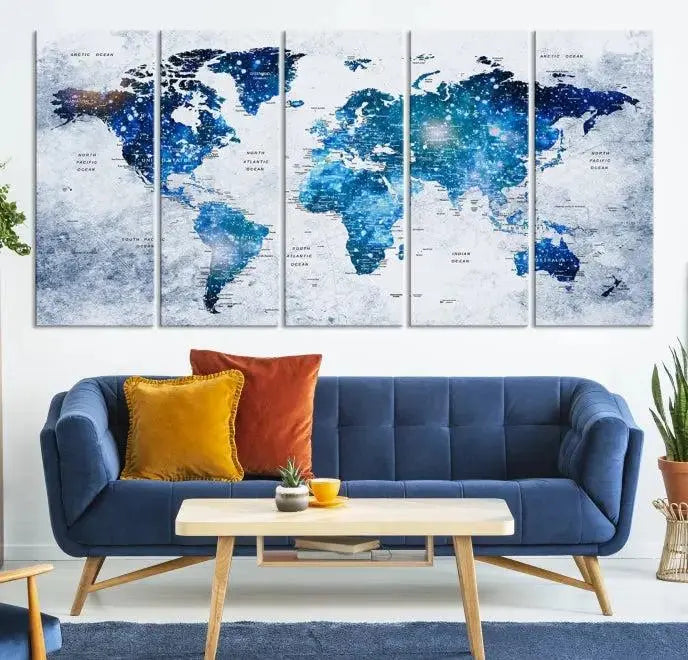 The living room showcases the stunning Blue Sky World Map Canvas Print as wall art.