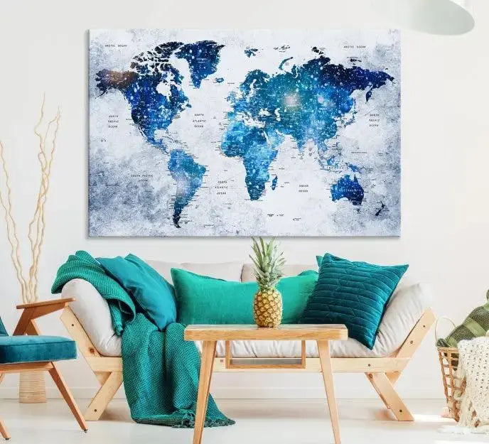 The living room showcases the stunning Blue Sky World Map Canvas Print as wall art.