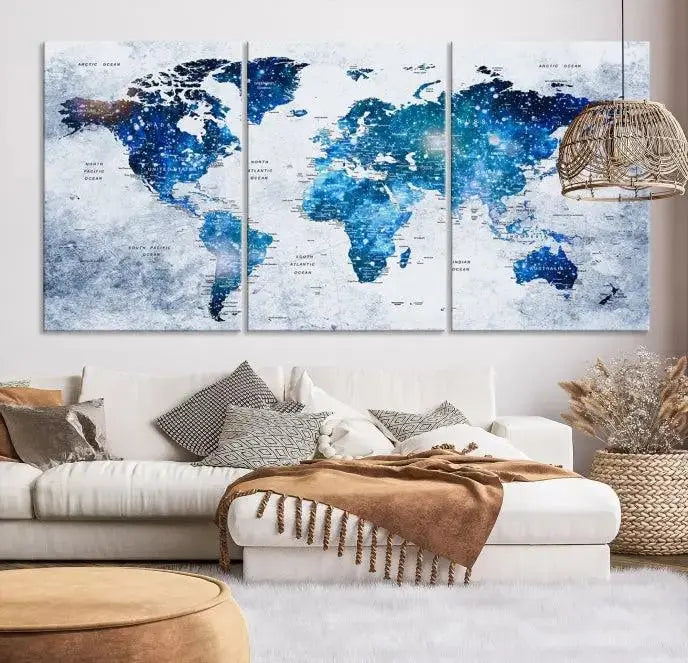 The living room showcases the stunning Blue Sky World Map Canvas Print as wall art.