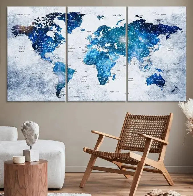 The living room showcases the stunning Blue Sky World Map Canvas Print as wall art.