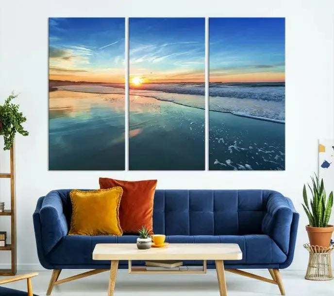 The wall is beautifully decorated with the stunning Blue Sky and Beach Wall Art Canvas Print, crafted on museum-quality canvas.