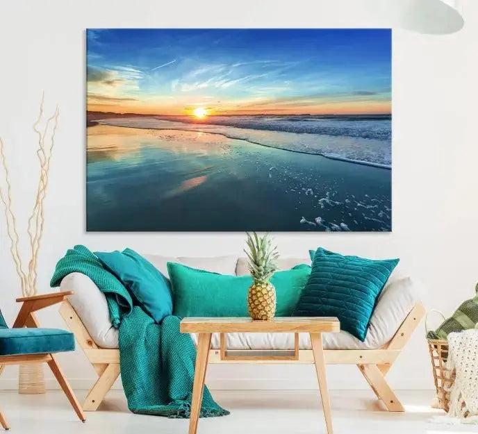 The wall is beautifully decorated with the stunning Blue Sky and Beach Wall Art Canvas Print, crafted on museum-quality canvas.