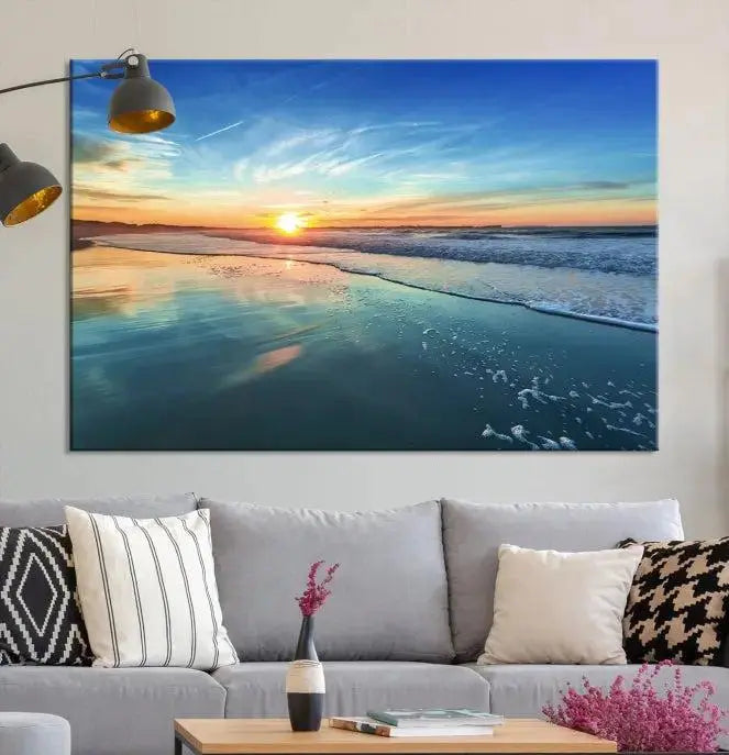 The wall is beautifully decorated with the stunning Blue Sky and Beach Wall Art Canvas Print, crafted on museum-quality canvas.