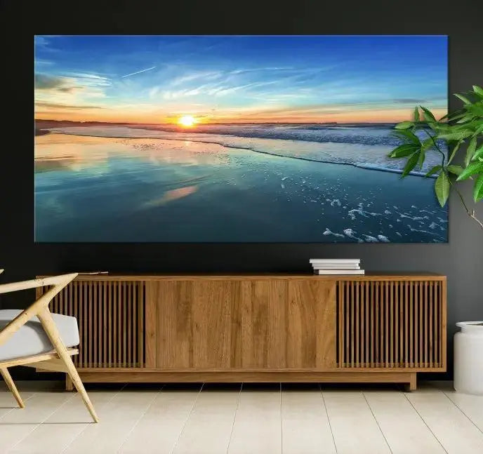 The wall is beautifully decorated with the stunning Blue Sky and Beach Wall Art Canvas Print, crafted on museum-quality canvas.