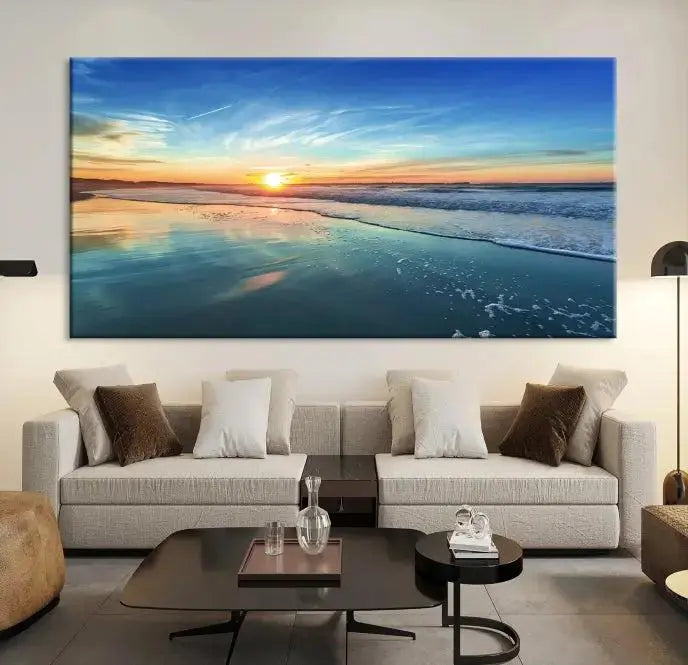 The wall is beautifully decorated with the stunning Blue Sky and Beach Wall Art Canvas Print, crafted on museum-quality canvas.