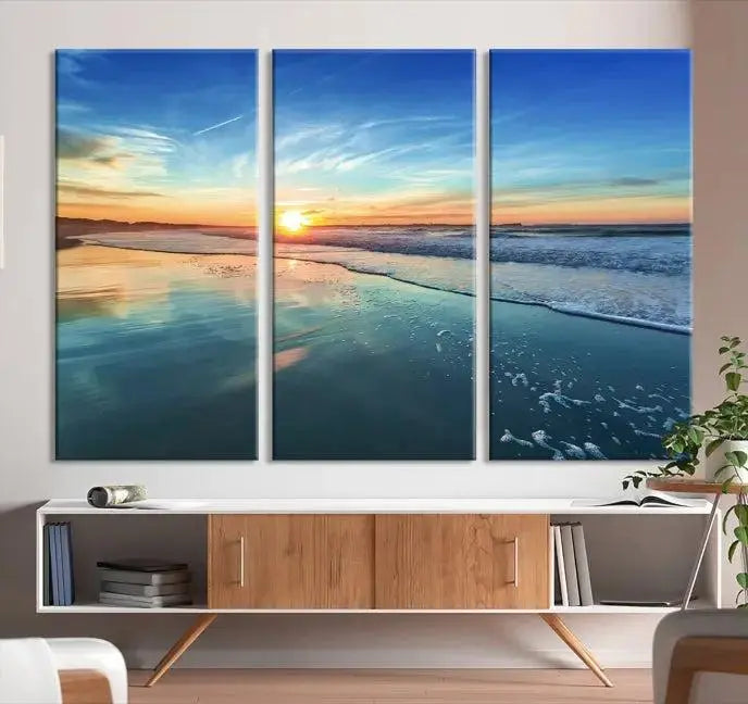 The wall is beautifully decorated with the stunning Blue Sky and Beach Wall Art Canvas Print, crafted on museum-quality canvas.