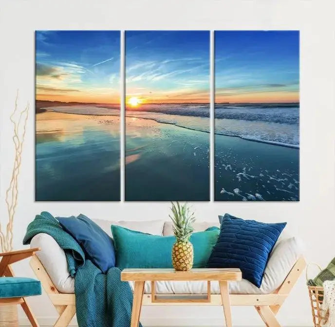 The wall is beautifully decorated with the stunning Blue Sky and Beach Wall Art Canvas Print, crafted on museum-quality canvas.