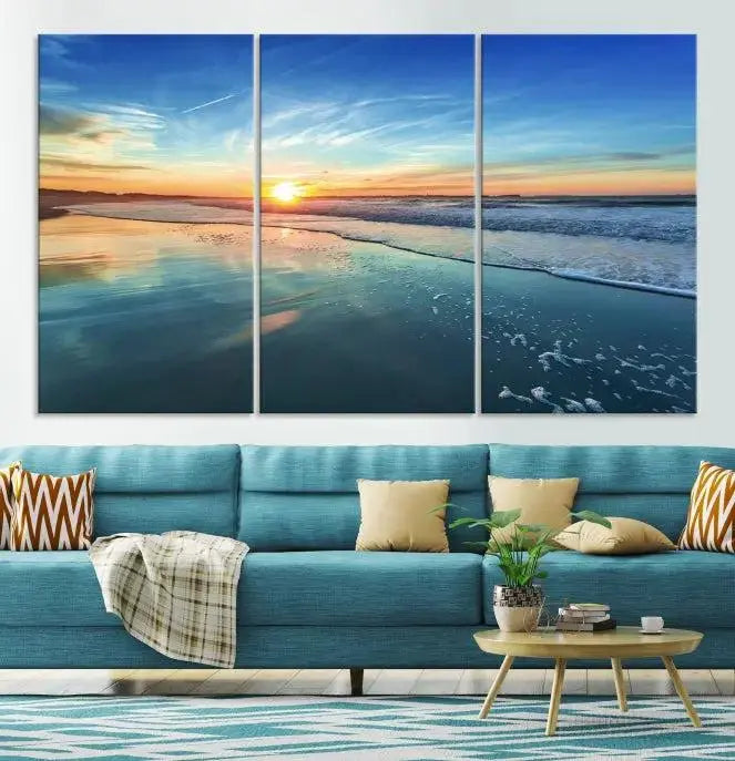 The wall is beautifully decorated with the stunning Blue Sky and Beach Wall Art Canvas Print, crafted on museum-quality canvas.