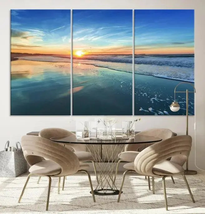 The wall is beautifully decorated with the stunning Blue Sky and Beach Wall Art Canvas Print, crafted on museum-quality canvas.