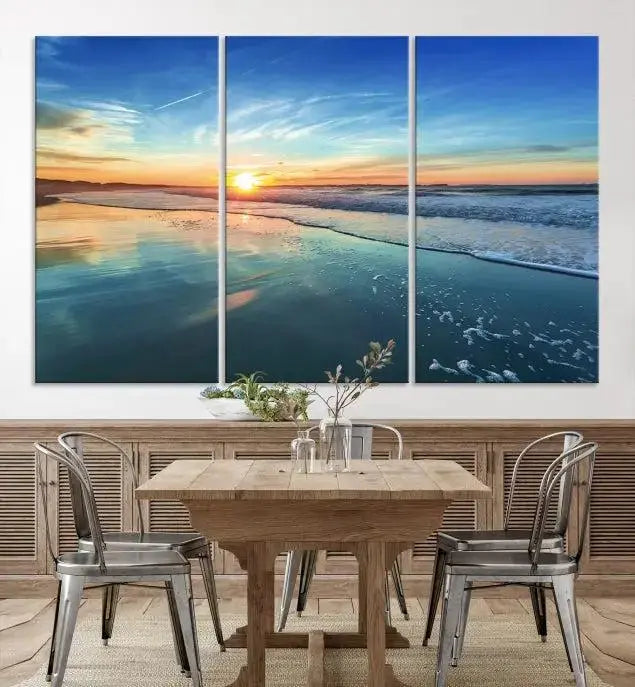 The wall is beautifully decorated with the stunning Blue Sky and Beach Wall Art Canvas Print, crafted on museum-quality canvas.