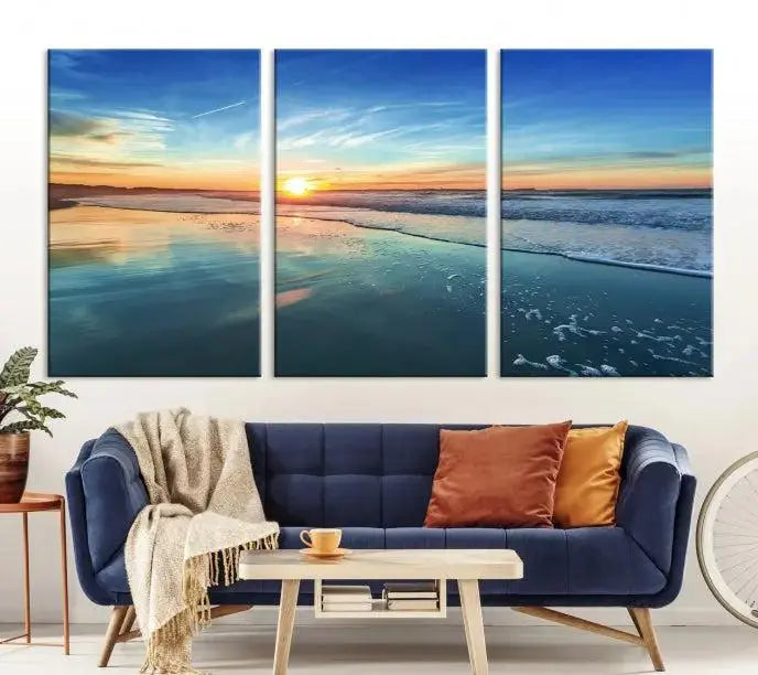 The wall is beautifully decorated with the stunning Blue Sky and Beach Wall Art Canvas Print, crafted on museum-quality canvas.