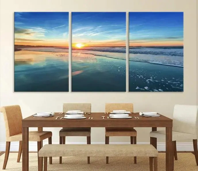 The wall is beautifully decorated with the stunning Blue Sky and Beach Wall Art Canvas Print, crafted on museum-quality canvas.