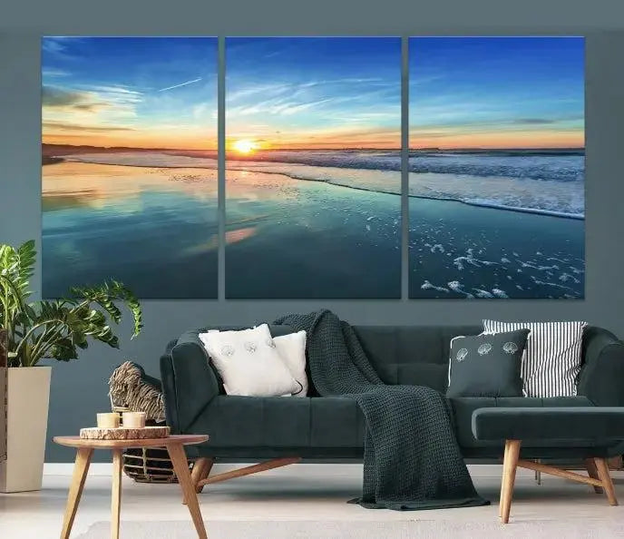 The wall is beautifully decorated with the stunning Blue Sky and Beach Wall Art Canvas Print, crafted on museum-quality canvas.