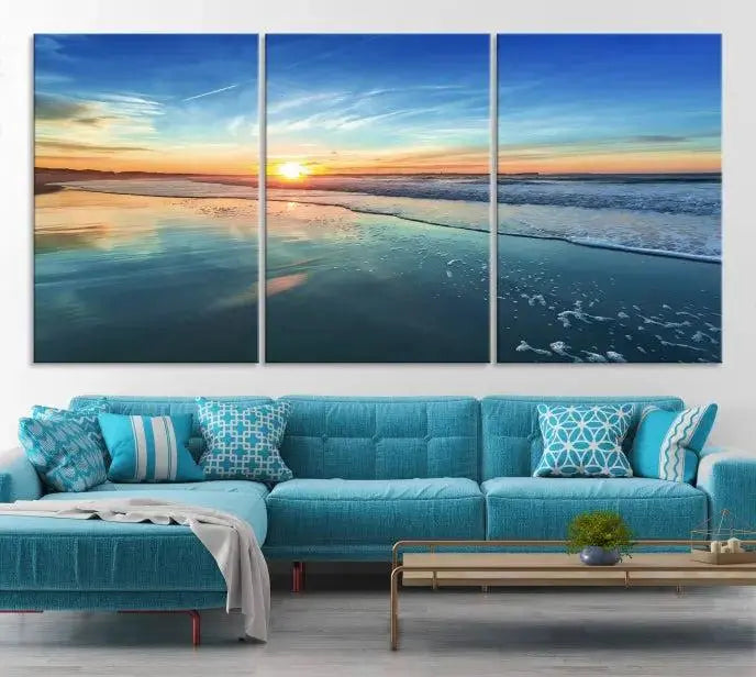 The wall is beautifully decorated with the stunning Blue Sky and Beach Wall Art Canvas Print, crafted on museum-quality canvas.