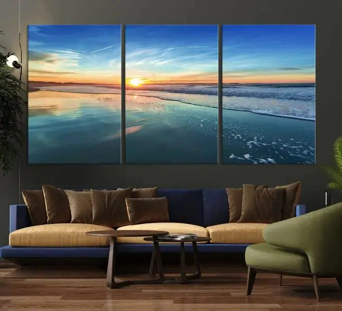 The wall is beautifully decorated with the stunning Blue Sky and Beach Wall Art Canvas Print, crafted on museum-quality canvas.