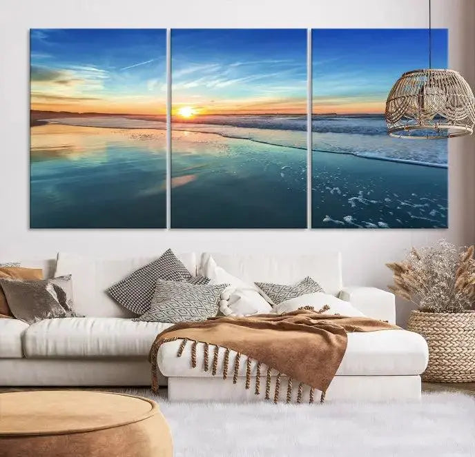 The wall is beautifully decorated with the stunning Blue Sky and Beach Wall Art Canvas Print, crafted on museum-quality canvas.