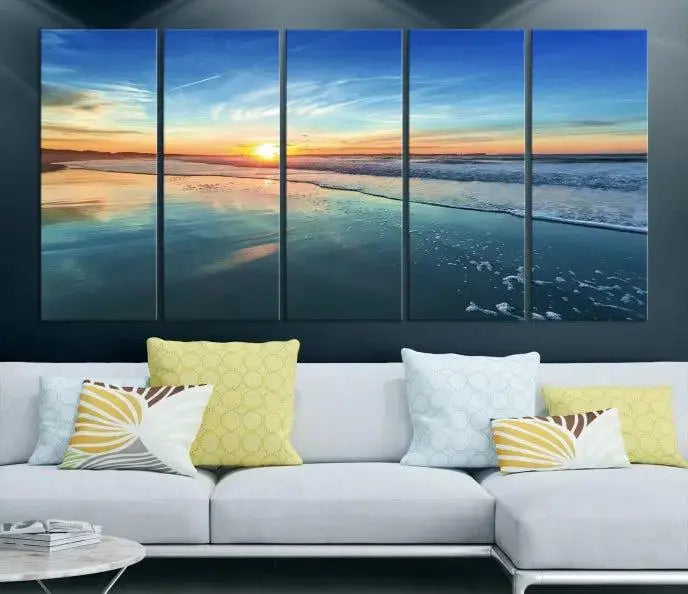 The wall is beautifully decorated with the stunning Blue Sky and Beach Wall Art Canvas Print, crafted on museum-quality canvas.