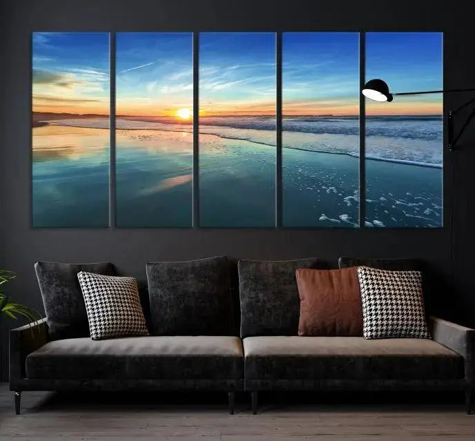 The wall is beautifully decorated with the stunning Blue Sky and Beach Wall Art Canvas Print, crafted on museum-quality canvas.