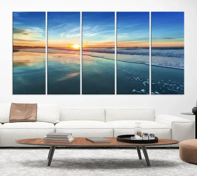 The wall is beautifully decorated with the stunning Blue Sky and Beach Wall Art Canvas Print, crafted on museum-quality canvas.