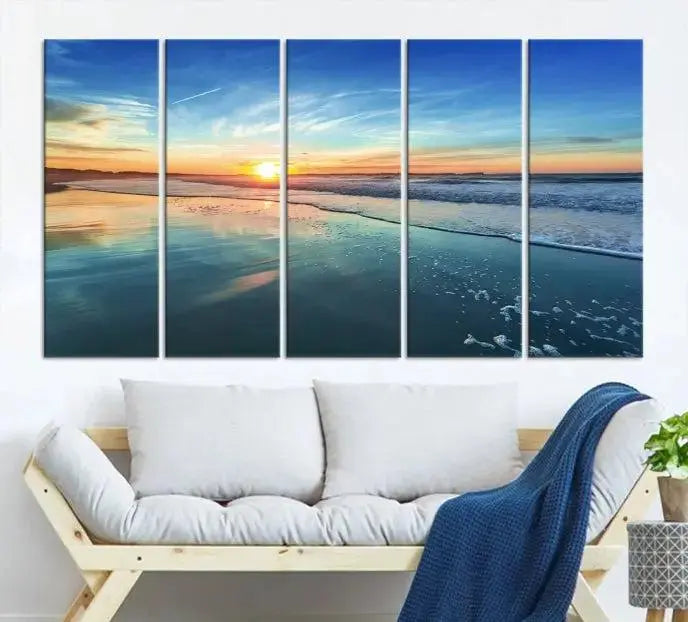 The wall is beautifully decorated with the stunning Blue Sky and Beach Wall Art Canvas Print, crafted on museum-quality canvas.