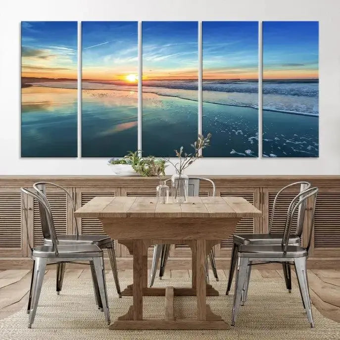 The wall is beautifully decorated with the stunning Blue Sky and Beach Wall Art Canvas Print, crafted on museum-quality canvas.