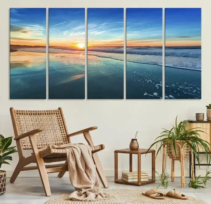 The wall is beautifully decorated with the stunning Blue Sky and Beach Wall Art Canvas Print, crafted on museum-quality canvas.