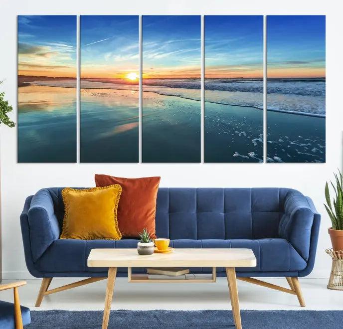 The wall is beautifully decorated with the stunning Blue Sky and Beach Wall Art Canvas Print, crafted on museum-quality canvas.