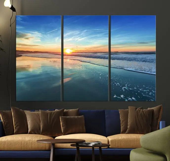 The wall is beautifully decorated with the stunning Blue Sky and Beach Wall Art Canvas Print, crafted on museum-quality canvas.