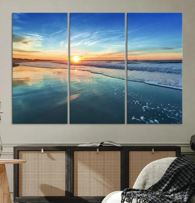 The wall is beautifully decorated with the stunning Blue Sky and Beach Wall Art Canvas Print, crafted on museum-quality canvas.