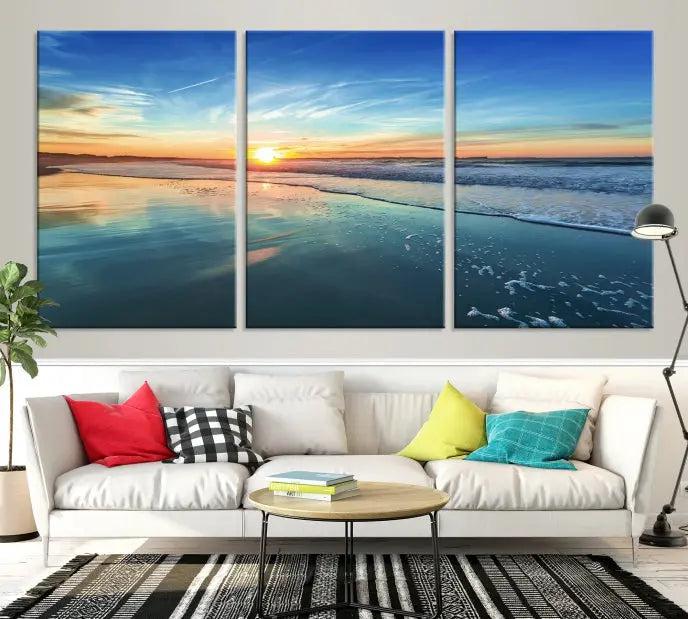 The wall is beautifully decorated with the stunning Blue Sky and Beach Wall Art Canvas Print, crafted on museum-quality canvas.