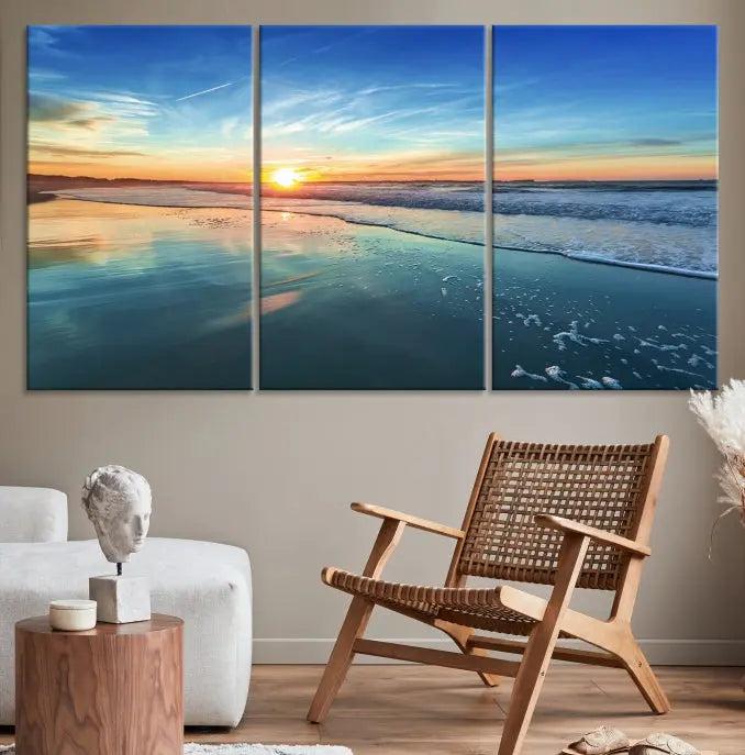 The wall is beautifully decorated with the stunning Blue Sky and Beach Wall Art Canvas Print, crafted on museum-quality canvas.