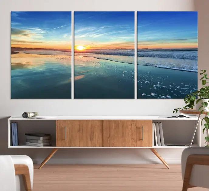 The wall is beautifully decorated with the stunning Blue Sky and Beach Wall Art Canvas Print, crafted on museum-quality canvas.