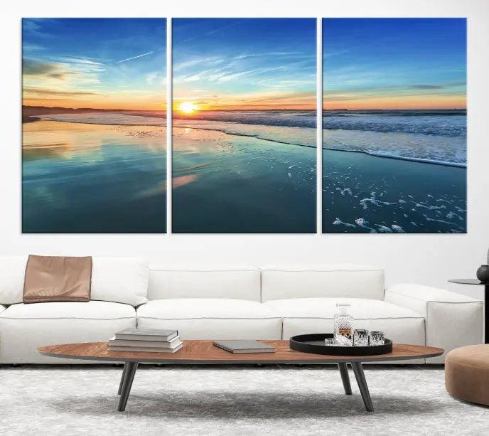 The wall is beautifully decorated with the stunning Blue Sky and Beach Wall Art Canvas Print, crafted on museum-quality canvas.