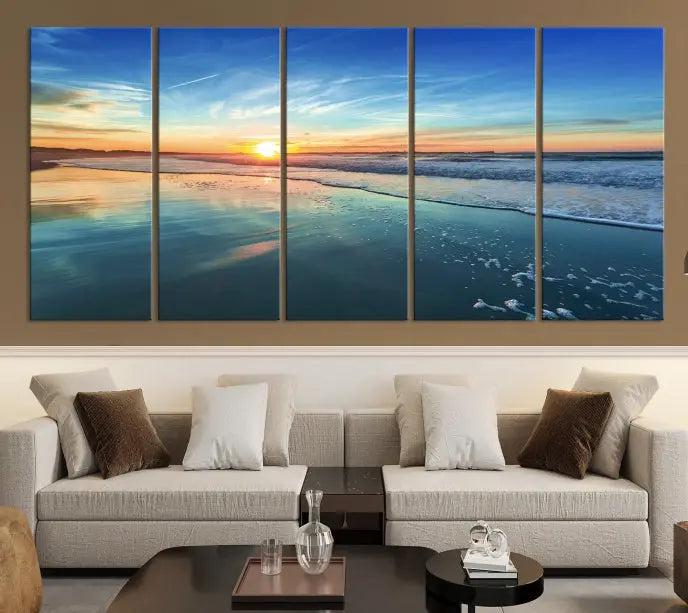 The wall is beautifully decorated with the stunning Blue Sky and Beach Wall Art Canvas Print, crafted on museum-quality canvas.