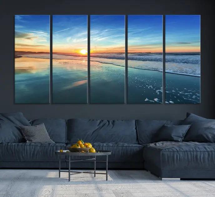 The wall is beautifully decorated with the stunning Blue Sky and Beach Wall Art Canvas Print, crafted on museum-quality canvas.