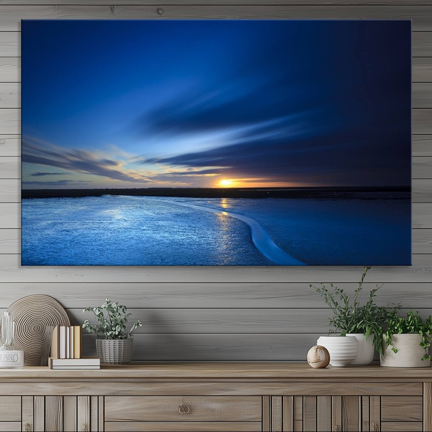 33853-MGV-CV-36X24-Blue Sunset Ocean Canvas Wall Art Print – Serene Coastal Horizon Wall Decor for Home or Office – Vibrant Sunset Ocean Print – Ready to Hang