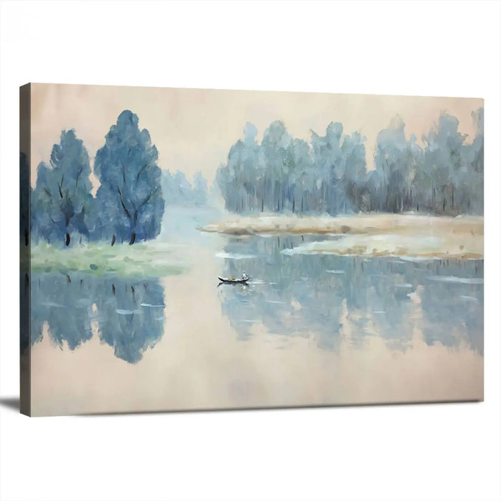 The triptych canvas print, "Blue Trees and Water Reflection Landscape," showcases a serene lake and boat scene through giclee printing. The blue trees reflecting on the water create a calming ambiance, making it an ideal choice for nature lovers.