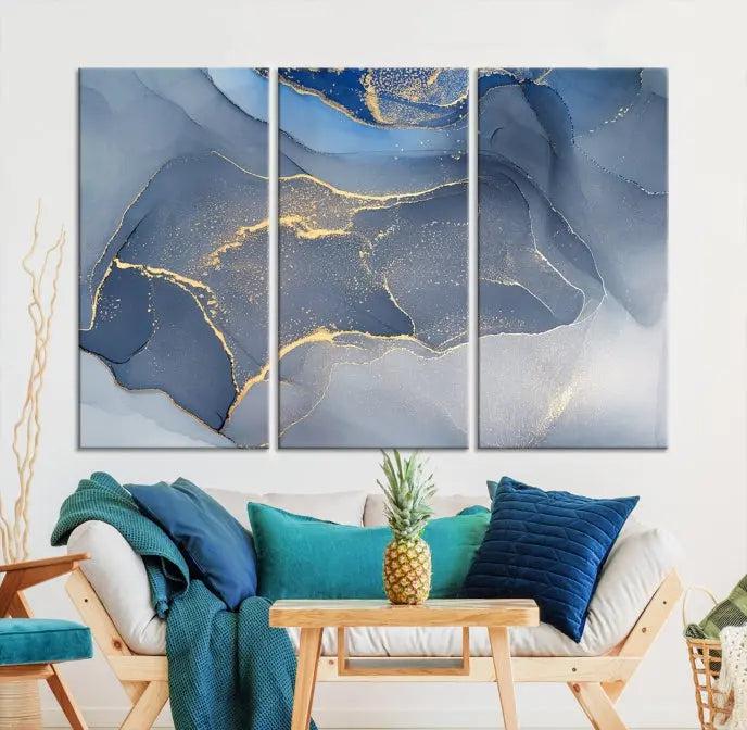 The Blue Wall Art Abstract Canvas Wall Art Print, with its striking blue and gold tones, adds an elegant touch to the room. Crafted on museum-quality canvas, this artwork is ideal for any stylish home. Enjoy the added benefit of free shipping right to your door!