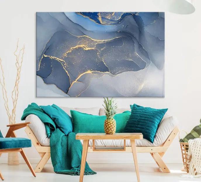 The Blue Wall Art Abstract Canvas Wall Art Print, with its striking blue and gold tones, adds an elegant touch to the room. Crafted on museum-quality canvas, this artwork is ideal for any stylish home. Enjoy the added benefit of free shipping right to your door!