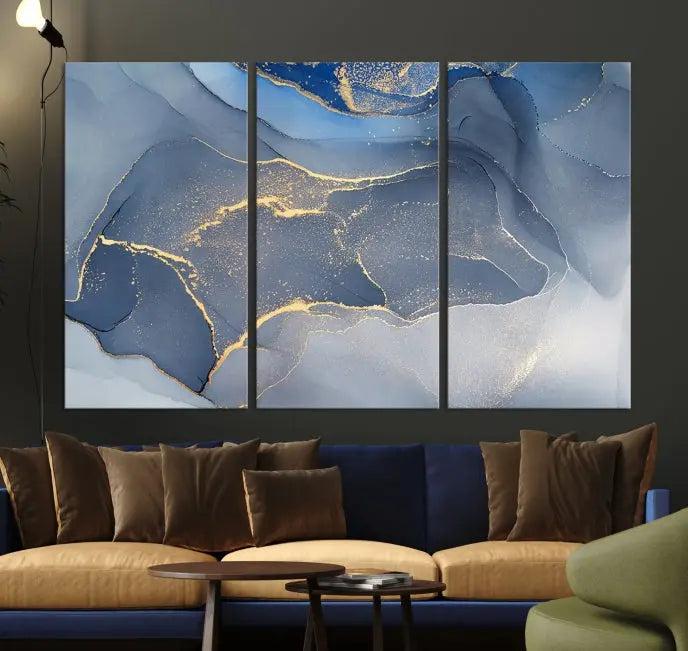 The Blue Wall Art Abstract Canvas Wall Art Print, with its striking blue and gold tones, adds an elegant touch to the room. Crafted on museum-quality canvas, this artwork is ideal for any stylish home. Enjoy the added benefit of free shipping right to your door!