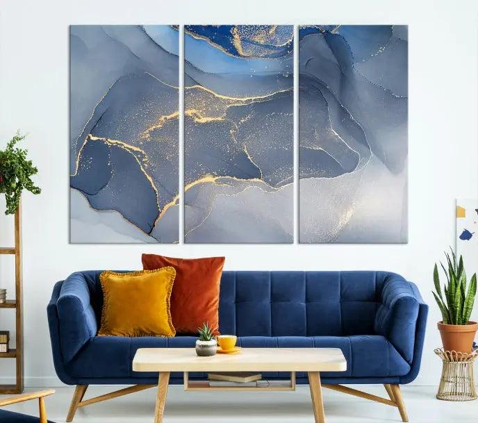 The Blue Wall Art Abstract Canvas Wall Art Print, with its striking blue and gold tones, adds an elegant touch to the room. Crafted on museum-quality canvas, this artwork is ideal for any stylish home. Enjoy the added benefit of free shipping right to your door!